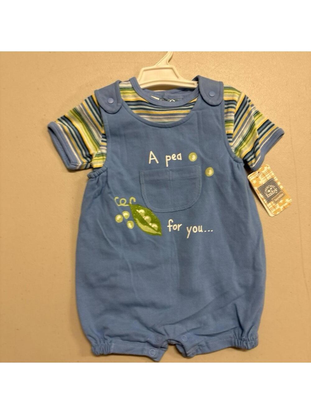 NWT Vintage Cherokee Baby A Pea For You 2 Piece Blue Romper Outfit 9M